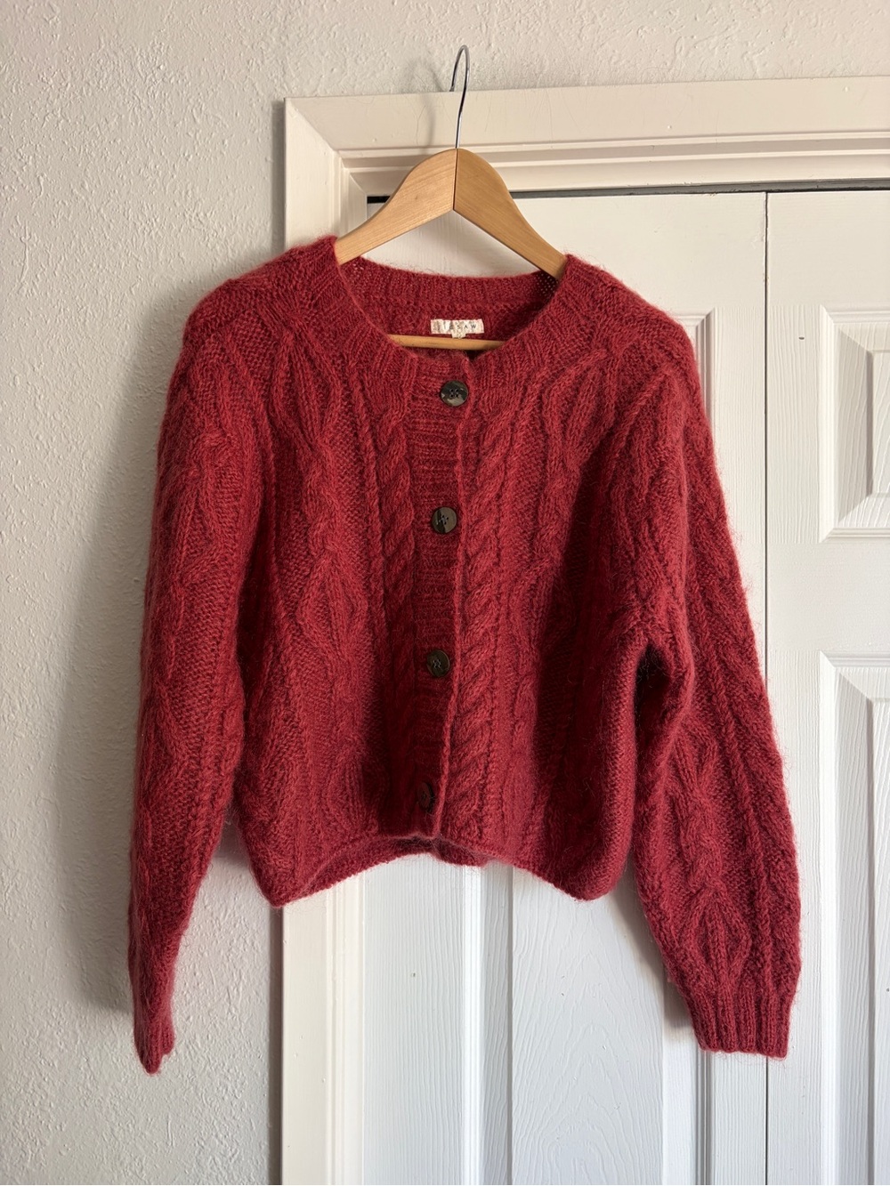 JIGSAW Wool Mohair Blend Red Cable Knit Button Cardigan Sweater